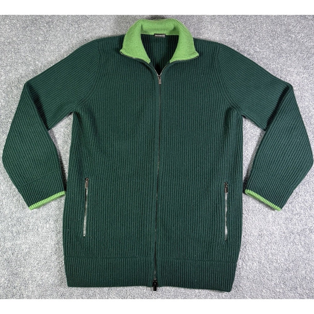 MANRICO 100% Cashmere Mens Large Green Full Zip Ribbed Sweater Jacket Italy Made